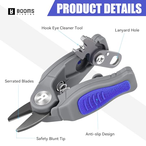 Booms Fishing Line Cutter with Retractor: Mini Fishing Scissors for Braided Momo Fluoro Line - Braid Scissors Saltwater with Hook Eye Cleaner - Serrated Shears with Locking Feature, FR1 - color: Blue