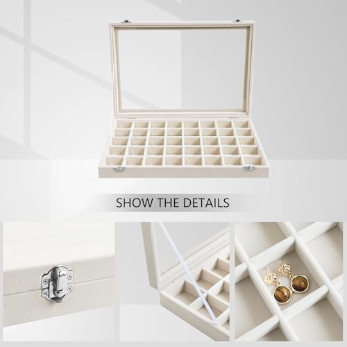 Wudygirl Large Jewelry Organizer Box with 40 Compartments Earring Holder Organizer Velvet Ring Display and Necklace Storage Tray Jewelry Box for Women (Beige Velvet) - color: Beige, size: 40 Grid