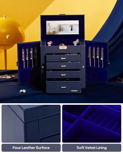 Homde Synthetic Leather Huge Jewelry Box Mirrored Watch Organizer Necklace Ring Earring Storage Lockable Gift Case (Dark Blue + Gold) - color: Dark Blue + Gold