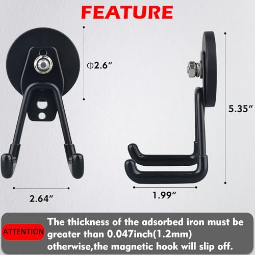 MUTUACTOR Heavy Duty Magnetic Hook,2PCS Anti-Slip Storage Magnet Hooks for Organizer, Magnetic Mount Garage Double Utility Hooks Hanging Impact Drivers Garden Hoses Hardware Box - style: 2.6in Magnet M Black Hooks 2PCS