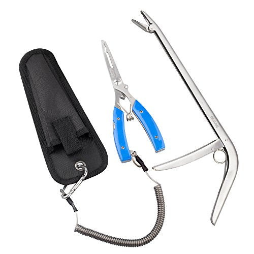 BASUNE Fishing Pliers and Fish Hook Remover with Line Cutter, Curved Nose Hook Remover Tackle Tool with Nylon Sheath and Fishing Gear Set (Blue)