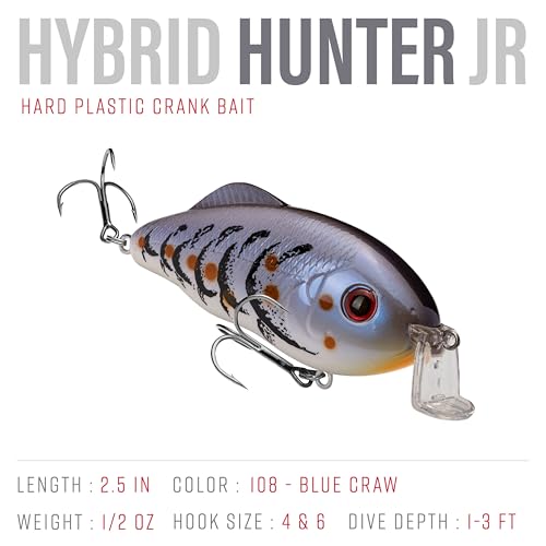 Strike King Hybrid Hunter Shallow Jr. Fishing Lure, Shallow Diving Crankbait, 90-Degree Bill, 3D Eyes, Loud Rattle, Dives 1 to 3-Feet,Size 4 & 6 Treble Hooks - color: Blue Craw, size: 1/2 oz