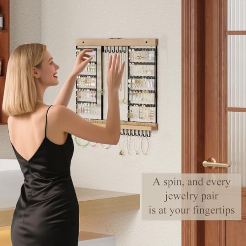 Feyejade Large Rotating Hanging Jewelry Organizer, 5-Tier Earring Holder Storage Holds up to 180 Pairs, Wall Mounted Jewelry Rack for Earrings, Necklaces, Bracelets and Rings, for Girls, Black - color: Black, size: Extended