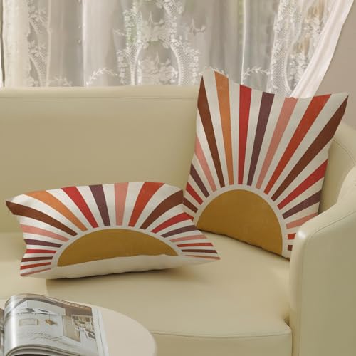 Summer Pillow Covers 16x16 Inch 2 Pcs Boho Red Brown Yellow Sunshine Outdoor Decor Throw Pillows Stripes Rainbow Sun Farmhouse Holiday Decoration Pillowcase Linen Cushion Cover for Couch Sofa - color: Boho Sun 02, size: 16" x 16" (Pack of 2)