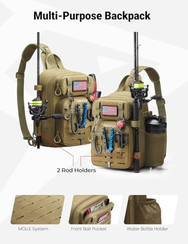 Piscifun Fishing Backpack Tackle Bag with 2 Rod Holders, Multi-Compartment Storage, MOLLE System, Water-Resistant Lightweight Outdoor Pack - color: Single Shoulder - Black Camouflage, style: Standard