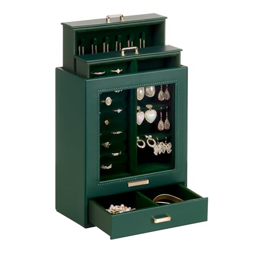 Homde Jewelry Organizer Girls Women Jewelry Box for Necklaces Rings Earrings Gift Bracelets Storage Case(Pink + Gold) - color: Forest Green + Gold