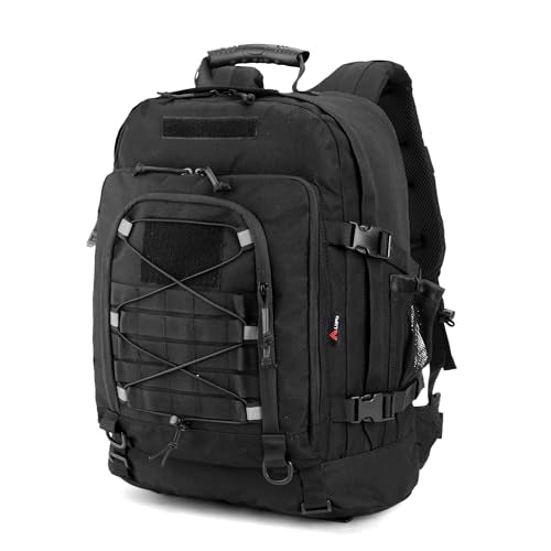 gracedon Men’s Military Style Backpack, 3-5 Day 1000D Water Resistant Tactical Pack with Zinc Alloy Zippers, Hidden Pocket & D-Ring Accessories for Outdoor Sports (Black1)