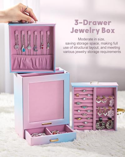 Homde Jewelry Organizer Girls Women Jewelry Box for Necklaces Rings Earrings Gift Bracelets Storage Case (Blue - Pink Gradient + Gold) - color: Blue - Pink Gradient + Gold