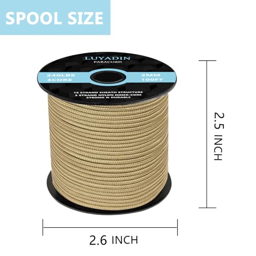 Paracord 240lb - Diameter 2mm Micro Utility Cord -3 Strand Parachute Spool Cord - 100ft 200ft,Paracord for Camping,Hiking,Fishing,Outdoor and DIY - color: Khaki, size: 100 ft