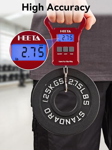 HEETA Fish Scale, 110lb/50kg Digital Portable Hanging Fishing Weight Scale with Backlit LCD Display, Luggage Scale with Hook, Non-Slip Large ABS Handle & 2 AAA Batteries, Fishing Gifts Gear for Men - color: Red