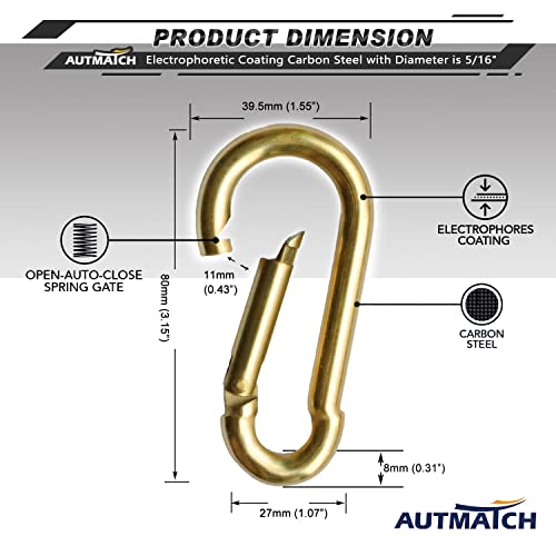 AUTMATCH Carabiner Clips, 3" Spring Snap Hook Caribeener Clips Buckle Pack Grade Heavy Duty Carabiners Quick Link for Camping, Fishing, Hiking, Traveling, 4 Pack - style: Carbon Steel - Gold
