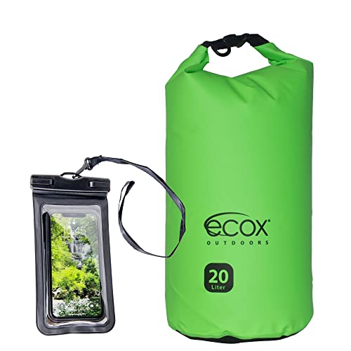 ecox Outdoors Waterproof Dry Bag for Outdoors Activities High Grade 500D PVC Construction Includes Waterproof Phone Case and Side Strap for Easy Carry 20L Green DB20LG