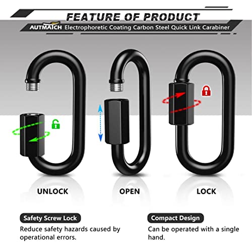 AUTMATCH Carabiner Clips, 3" Spring Snap Hook Caribeener Clips Buckle Pack Grade Heavy Duty Carabiners Quick Link for Camping, Fishing, Hiking, Traveling, 4 Pack - style: Carbon Steel - Chain Links Black