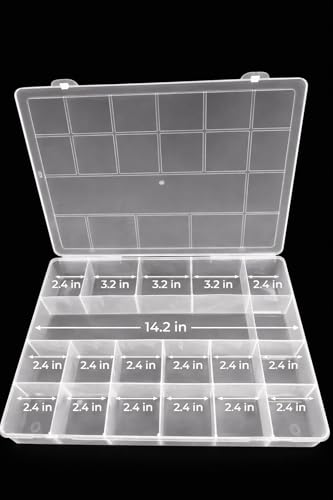 Giotto Tackle Box Organizer with 19 Compartments Clear Plastic Storage Box with Dividers for Fishing Lures 15.0 x 11.0 x 2.4 for Drawer Desk,Crafts Accessories Beads Screws Small Parts Organizer Case
