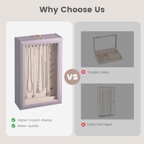 Lolalet Necklace Organizer Box, Jewelry Storage Box with Clear Window for Necklaces Bracelets, Tangle-Free Necklace Display Case for Women Girls, Dusty Purple, 2 Layers 20 Hooks - color: Dusty Purple, size: 2 Layers, 20 Hooks