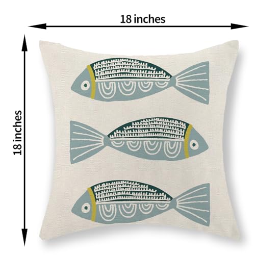 Coastal Pillow Covers 18 x 18 Inch Set of 2 Ocean Beach Blue Fish Throw Pillows Summer Natical Outdoor Decorative Pillow Cases Linen Farmhouse Cushion Case for Couch Home Sofa Bedroom Decor - color: Blue Fish, size: 18" x 18" (Pack of 2)