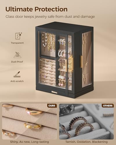 Glimmloop 360° Rotating Jewelry Box with 7 Drawers, Spacious Vertical Jewelry Organizer with Glass Window, Jewelry Storage Case, Dustproof & Moisture-resistant Design, Black - color: Black, size: 7 Drawers (6.2"D x 9.2"W x 12.7"H)