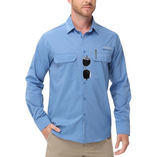 Satankud Mens Long Sleeve Fishing Shirts UPF 50+ Sun Protection Cooling Hiking Shirt for Travel Safari Work - color: Mist Blue, size: Medium