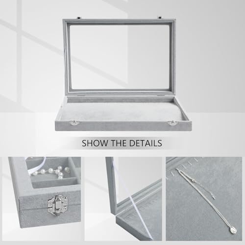 Wudygirl 20 Hooks Necklace Organizer Velvet Jewelry Organizer Showcase for Necklaces Jewelry Box Stackable Glass Top Lockable (Necklace Organizer) - color: Gray, size: Necklace