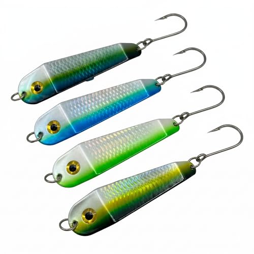 Loony Spoons Max 4-Pack Premium Fishing Lures | Salmon, Trout, Walleye - Saltwater and Freshwater - Green Hornet, Lemon Lime, Herring Aid, Dorado - size: Size 4 - 4.5"