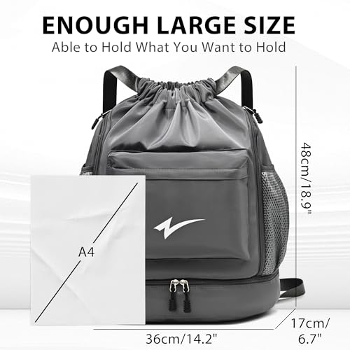 Sport Drawstring Backpack, Gym Bag with Mesh Side Pockets and Separate Shoe Compartment, Water-Resistant (Grey) - color: Grey
