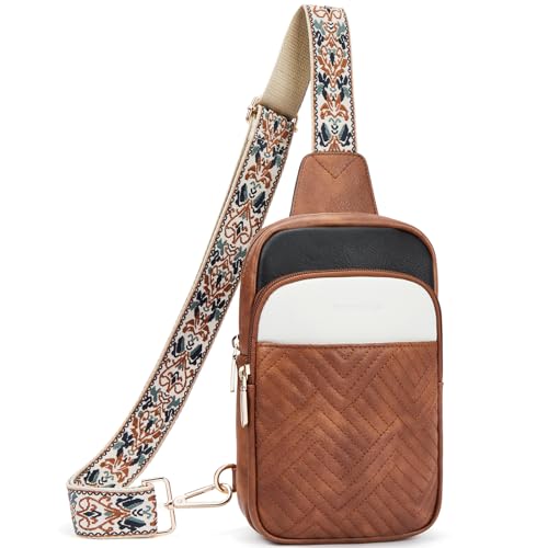 BOSTANTEN Sling Bag Quilted Crossbody Bags for Women Cross Body Purse Leather Fanny Pack with Adjustable Guitar Strap - color: A-tricolor Mix