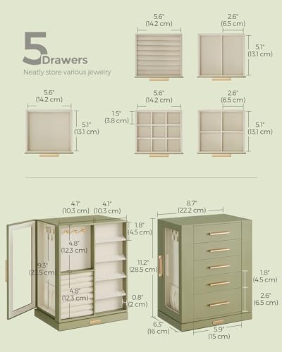 SONGMICS GISELLA Collection - Jewelry Box Organizer 360° Rotating, Vertical Jewelry Storage Case with 5 Drawers, Glass Window, Spacious, Open Design, Great Gift, Laurel Green UJBC170C02 - color: Laurel Green, size: 5 Drawers (6.3"d X 8.7"w X 11.2"h)