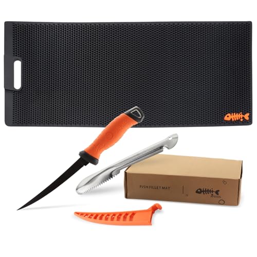 32 Inch Non Slip Fish Fillet Mat Heavy Duty Rollable Fish Bait Cutting Board Large Size Fish Cleaning Mat with 7 inch Fillet Knife and Fish Scaler Portable Fish Fillet Mat