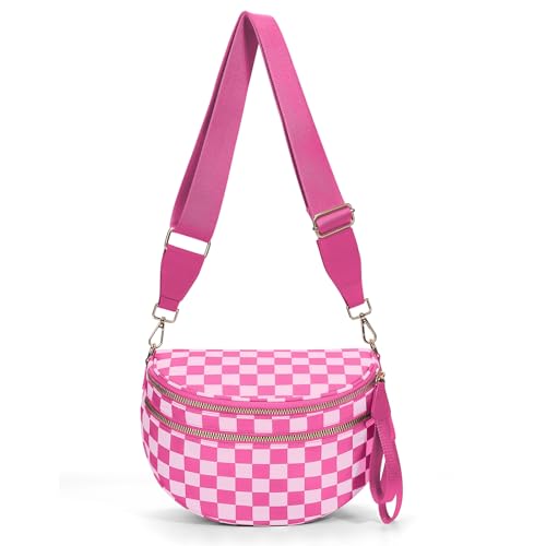 Checkered Crossbody Bum Bags for Women Nylon Checkered Purse Checkerboard Fanny Pack - color: A08-rose Red