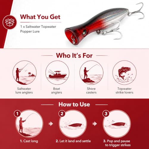 6.2 Inch 2.73 oz Saltwater Topwater Popper Fishing Lures with 3/0 4X Strengthened BKK Treble Hooks, Through-Wire for Strength & Durability, Target GT, Tuna, Sea Bass, Marlin - color: B1-2.73OZ-6.2''