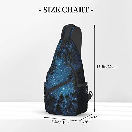 Forest Galaxy Sling Bag Crossbody Backpack for Men Women Night Sky Milky Way Tree Forest with Starry Chest Bag Adjustable Casual Shoulder Backpack Dark Blue Gym Travel Hiking Daypack - color: Night Sky Tree Forest With Starry