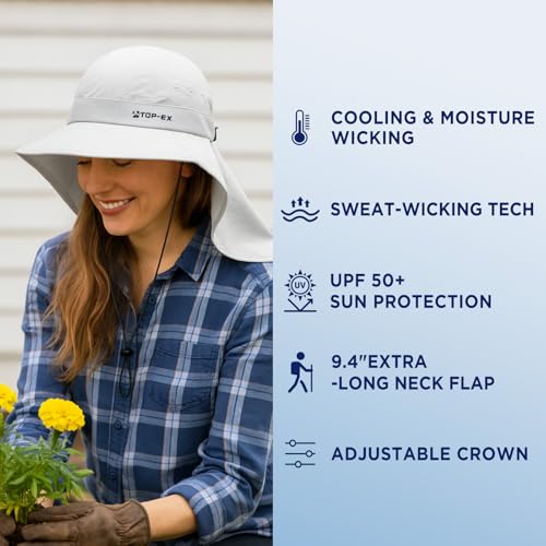 TOP-EX Cooling Sun Hat with Neck Flap – UPF 50+ Wide Brim Breathable Hat for Hiking, Fishing & Big Heads - color: Light Grey, size: Large-X-Large
