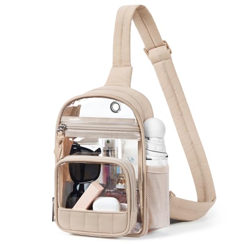 Missnine Clear Bag for Stadium Events Puffy Quilted Crossbody Purse PVC Sling Backpack for Sport Concert with Side Pocket - color: K-khaki[quilted Design]