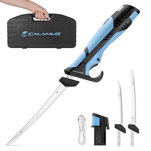 Calamus BladeVolt Rechargeable Cordless Electric Fillet Knife with 7" & 9" Blades, 27,000 RPM Motor, Type-C Battery, Non-Slip Grip & Safety Lock, Portable Carry Case, Fishing Gear and Gifts for Men - style: A: Angler Pack (2 Blades +1 Battery Pack)