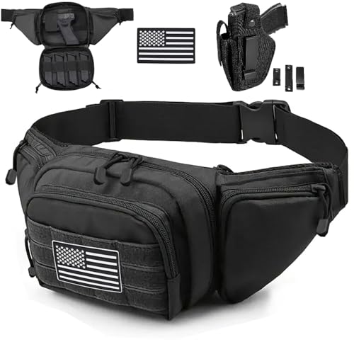 Tactical Fanny Pack Gun Holster Concealed Carry Pistol Military Tactical Waist Bag Waterproof Molle EDC Pouch with USA Flag Patch - color: Black with Holster