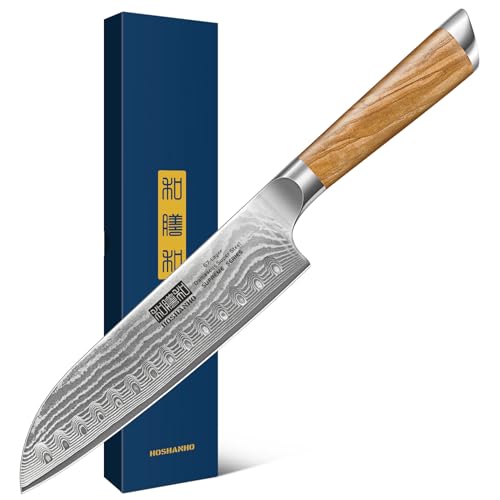 HOSHANHO Damascus Santoku Knife 7 Inch, Professional Japanese Damascus Super Steel Kitchen Knife, Sharp Cooking Knife with Durable Ergonomic Olive Wood Handle - style: 7.1 Inch Santoku Knife