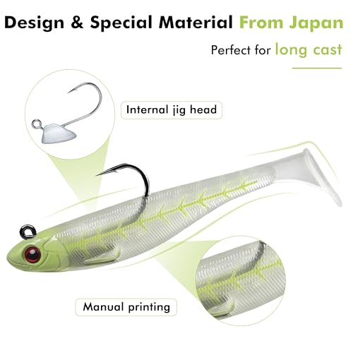 TRUSCEND Shadtale Easy Catch Soft Fishing Lures with BKK Hooks - Trembly Sinking and Vibrating Swim for More Bites, Pre-Rigged Swimbaits for Bass, Trout, Crappie, Walleye, Freshwater Saltwater Fishing - color: 4",5/8oz