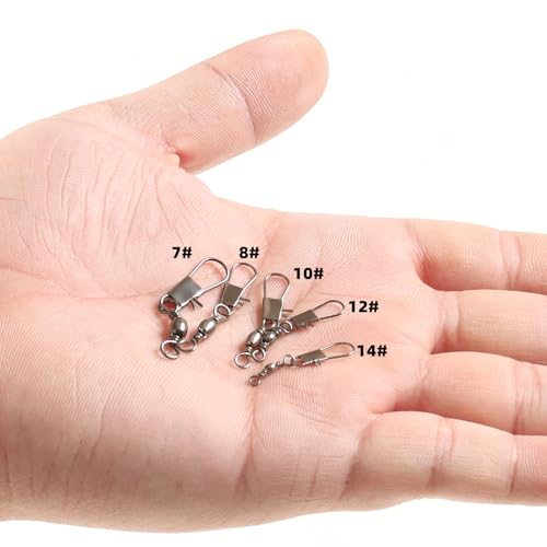 Realure 125 Pcs Barrel Snap Swivel Fishing Rolling Ball Bearing Swivels with Safety Snap 7# 8# 10# 12# 14# Quick Change Fishing Connector with Ball Bearing Swivels Snaps for Connecting Hooks & Lures