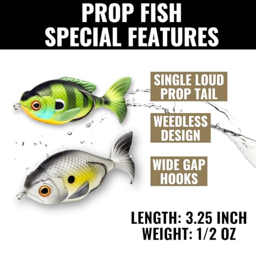 LUNKERHUNT Bass Fishing Lures Kit (3-Pack) - 2 Prop Fish Lures and 1 Prop Frog Lure | Weedless Hooks Hollow Realistic Body, Small Frog Lures & Fishing Lures for bass Fishing Whopper plopper