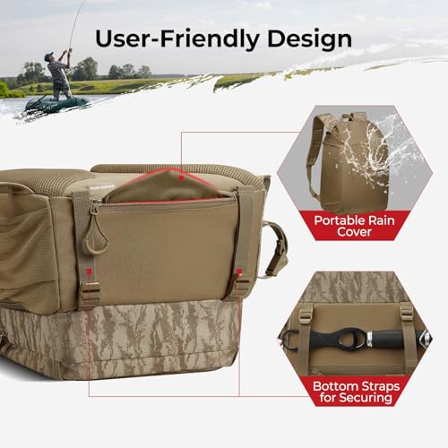 Piscifun Fishing Tackle Backpack with Rod & Gear Holder, Lightweight Outdoor Water-Resistant Fishing Shoulder Storage Bag with Protective Rain Cover, Khaki Camouflage - color: Khaki Camouflage, size: Large