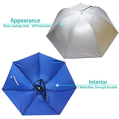 Umbrella Hat, 37 inch Fishing Umbrella Hat Hands Free Foldable UV Protection Umbrella Cap Adjustable Headwear for Fishing Golf Camping Beach Gardening Sunshade Outdoor - color: Silver-Blue(2pcs)