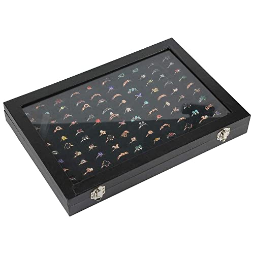 Ring Display Case Organizer Box with Transparent Lid, 100 Slots Ring Storage Display Box Case Tray Holder PU Leather Black - color: Black, size: Ring tray