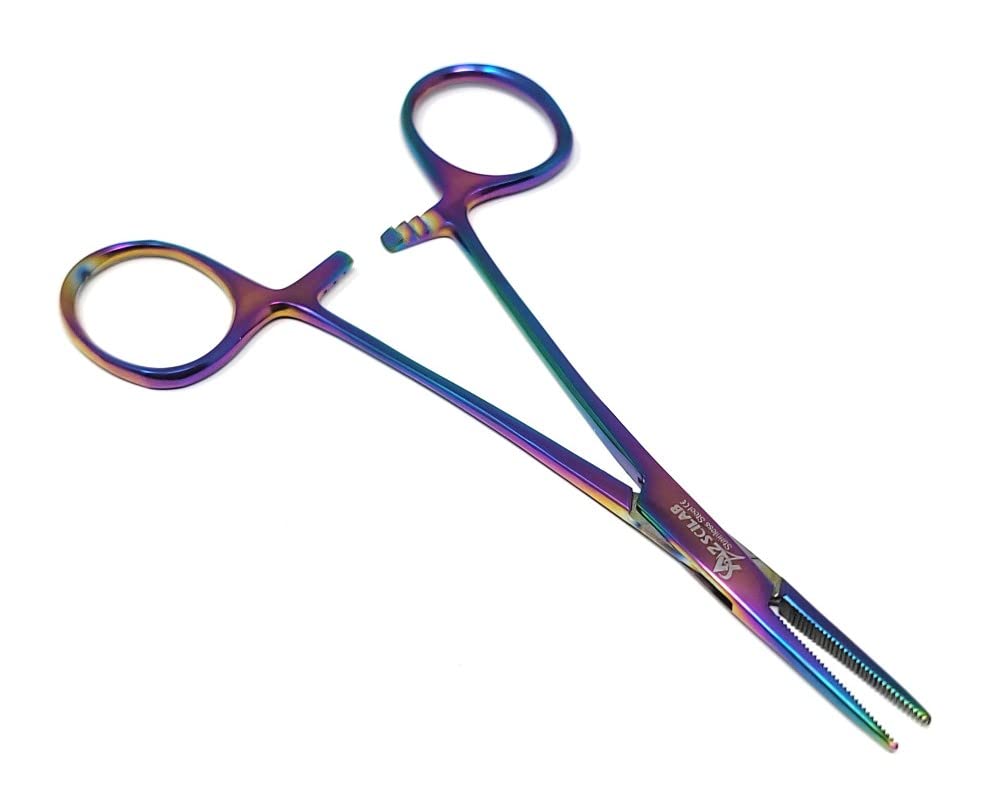 Mosquito Hemostat Locking Forceps 5" Straight with Full Serrated Jaws Ideal for Clamping, Fishing, Firefighters Nurses Doctors + More (Multi Color) - color: Multi Color