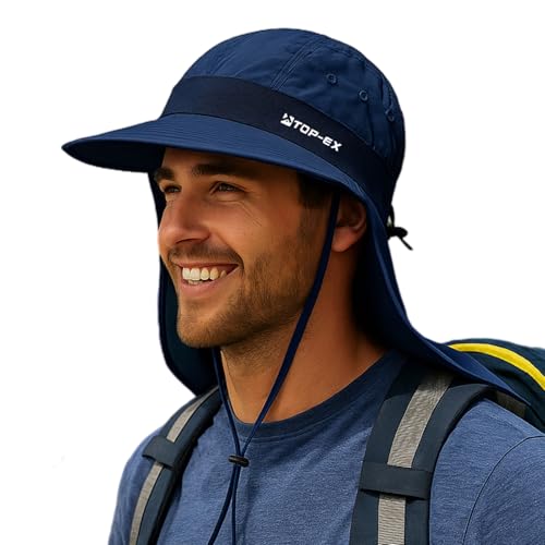 TOP-EX Cooling Sun Hat with Neck Flap – UPF 50+ Wide Brim Breathable Hat for Hiking, Fishing & Big Heads - color: Navy, size: X-Large-XX-Large
