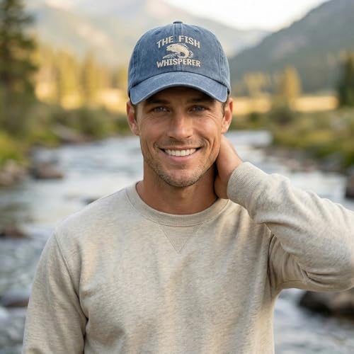 Fish Hats for Men Women,Funny Fishing Lover Gifts,Embroidered Washed Distressed Baseball Cap,Vintage Trucker Hat - color: Whisperer-blue
