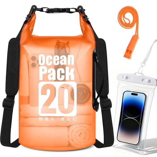 TILYMOL Dry Bag Waterproof, Roll Top Small Waterproof Backpack 20L, Floating Lightweight Bag with Water Proof Phone Pouch for Kayaking, Paddle Boarding, Boating, Fishing, Swimming - color: Orange