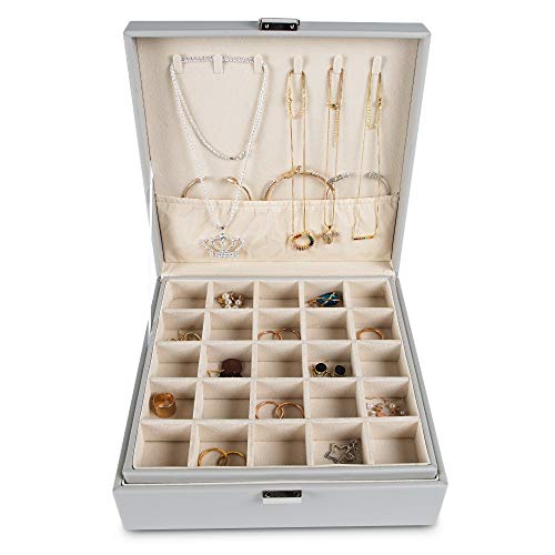 Frebeauty Earring Organizer Classic Jewelry Box 50 Slots Double Layer Jewelry Storage Case with 6 Necklace Hook and Bracelet Pocket(Grey) - color: Grey