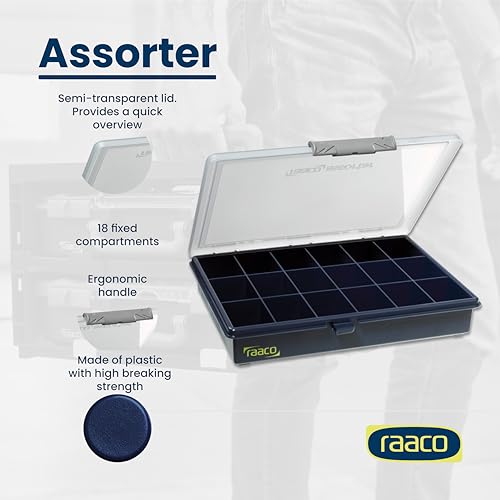Raaco Assorter Tool Box Organizer – Medium – 18 Slots Fixed Grid with Semi-Transparent Lid, Polypropylene (PP) Storage Box for Screws, Nuts and Bolts, Small Parts & Hardware (Assorter 5-18) - size: Medium –18 Slots, style: Fixed Grid