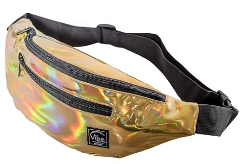 Vibe Festival Gear Rave Fanny Pack for Women Men – Festival, 4 Pockets, Adjustable Strap, Cute Waist Bag, Crossbody Belt Bag, Hiking, Running, Cycling - color: Gold, size: Fits Most