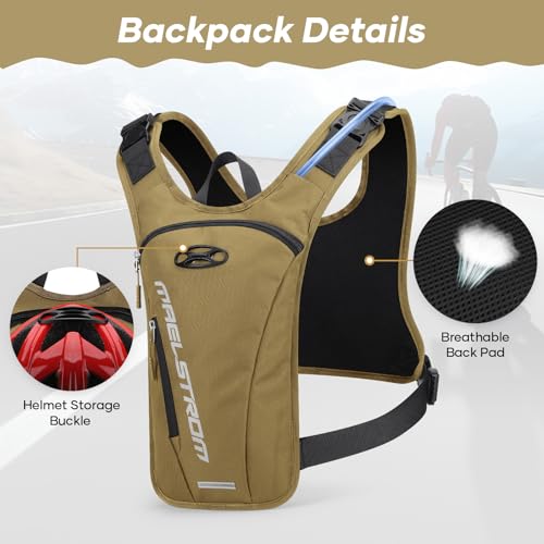 Maelstrom Hydration Running Vest with 2L Water Bladder for Men Women | Chest Pack, BPA-free, High Flow Bite, Reflective Stripe, Detachable, Breathable Pad, Perfect for Cycling, Marathon, Hiking - color: Khaki